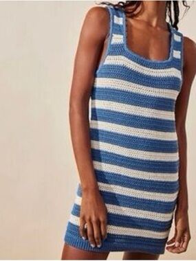 Free People Blue and Cream Striped Crochet Mini Dress